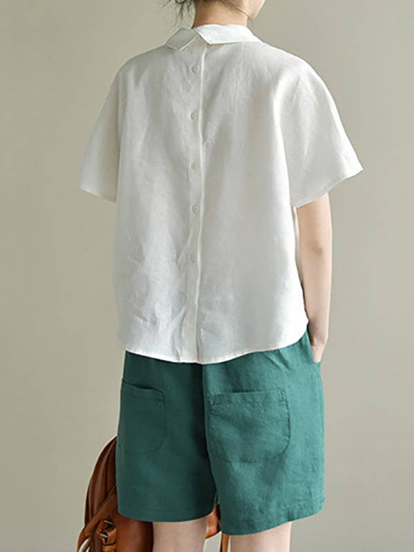 VividLux - Wholesale Blouse - Women's - Artistic Retro Short Sleeves Loose Pleated Solid Color Blouses&Shirts Tops7