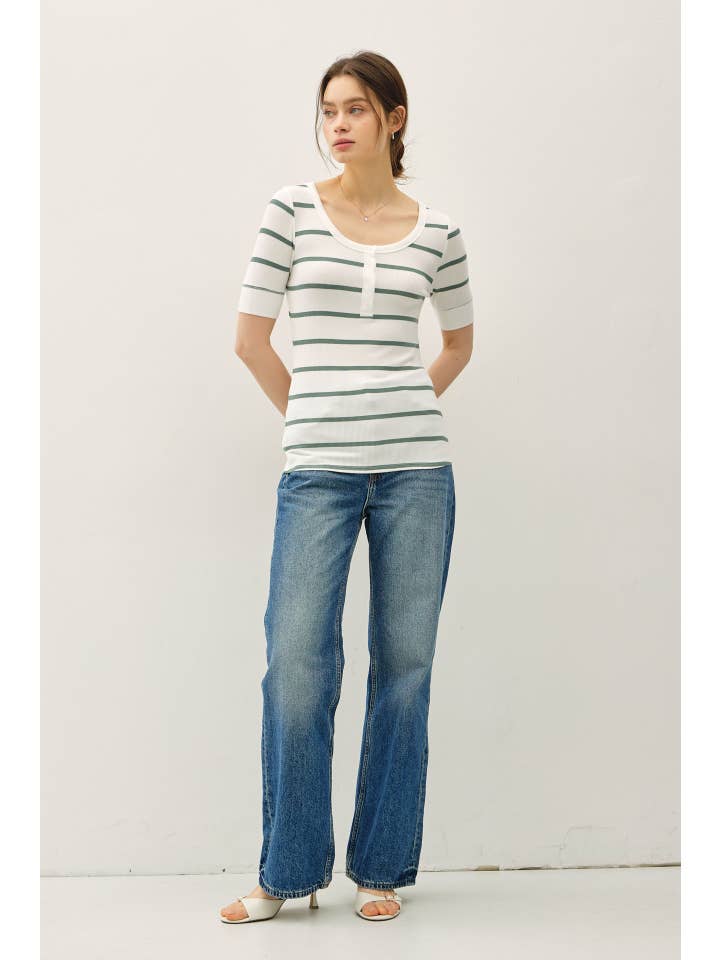 Be Cool - Wholesale Knit Top - Women's - CLASSIC RIBBED STRIPED HENLEY NECK SHORT SLV TOP
