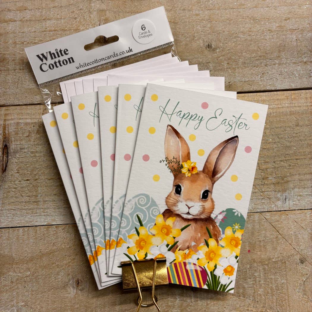 White Cotton Cards - Wholesale Easter Card - EASTER NOTELETS (x6) BUNNY & DAFFS (N95-E15)0
