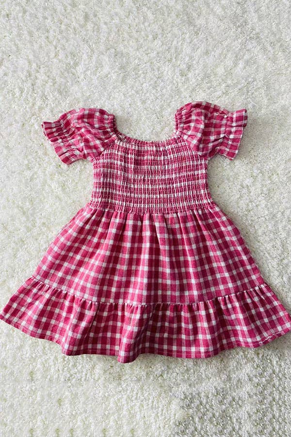 luluclothes - Wholesale Dress - Kids - Pink plaid gathered & ruffles cotton girls dress XCH030176