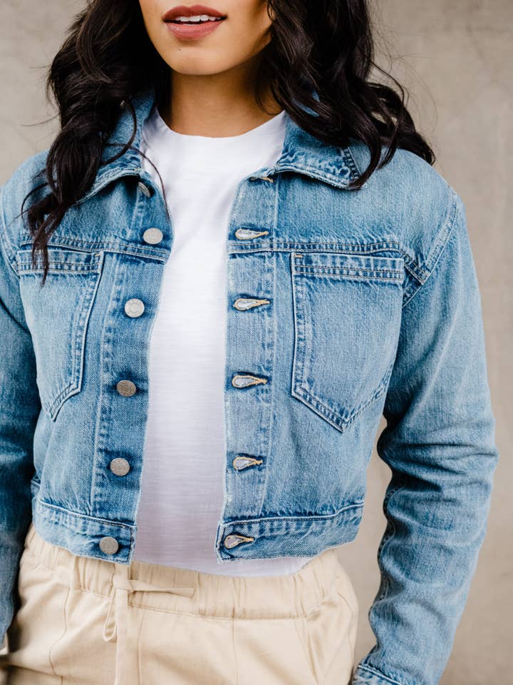 Light Indigo Wash Madelin Cropped Jacket for wholesale on Faire