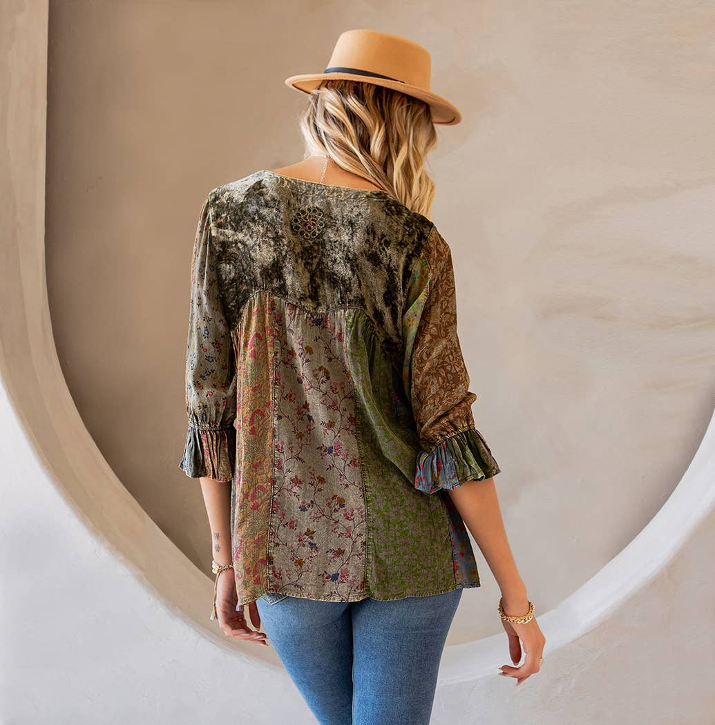 Young Threads – Túnica - Mulher por atacado – Blusa Vintage Boêmia de Veludo com Patchwork (Nova Cor)2