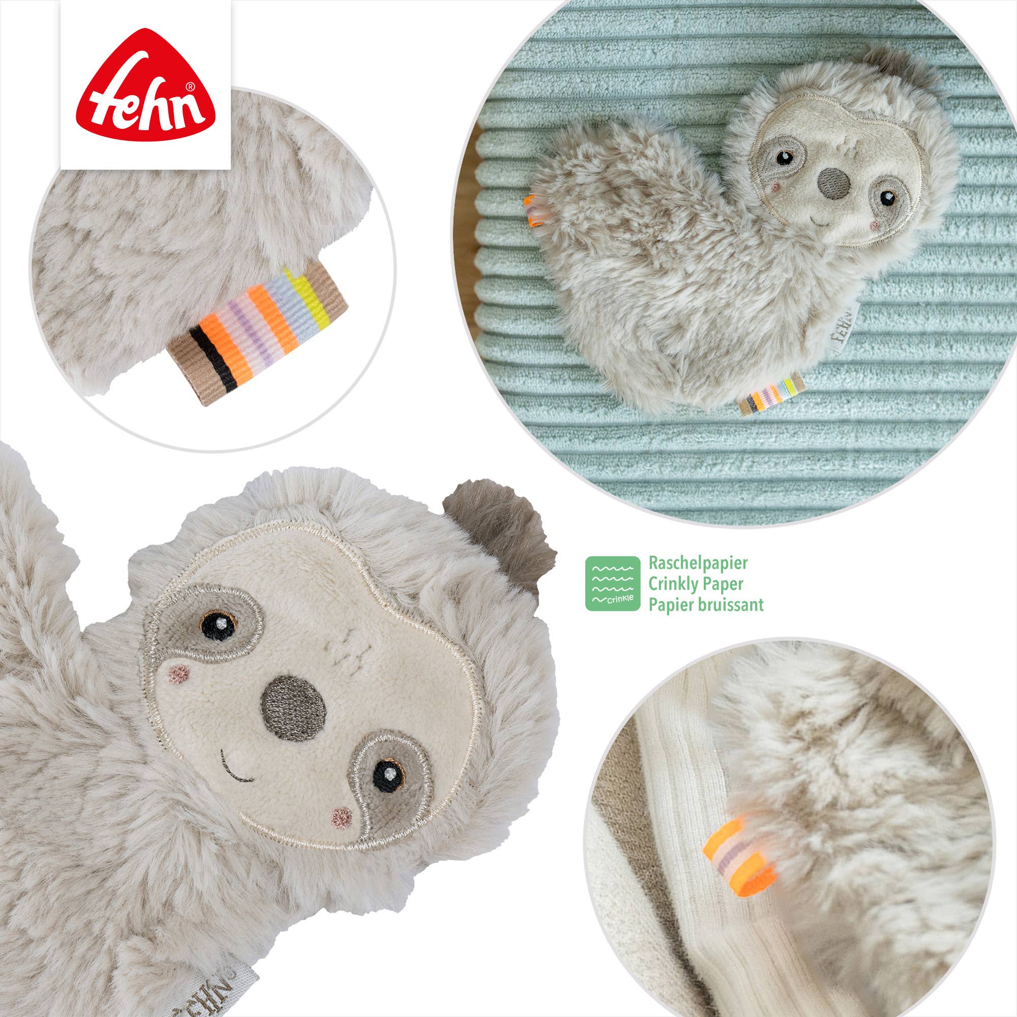 Fehn - Vente Peluche – enfant et bébé - Paresseux crépitant - Jouet d'activité bruissant3