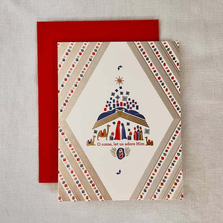 O Come Let Us Adore Him Blank Gold Foil Christmas Card for wholesale by Stephanie's Paper Shop