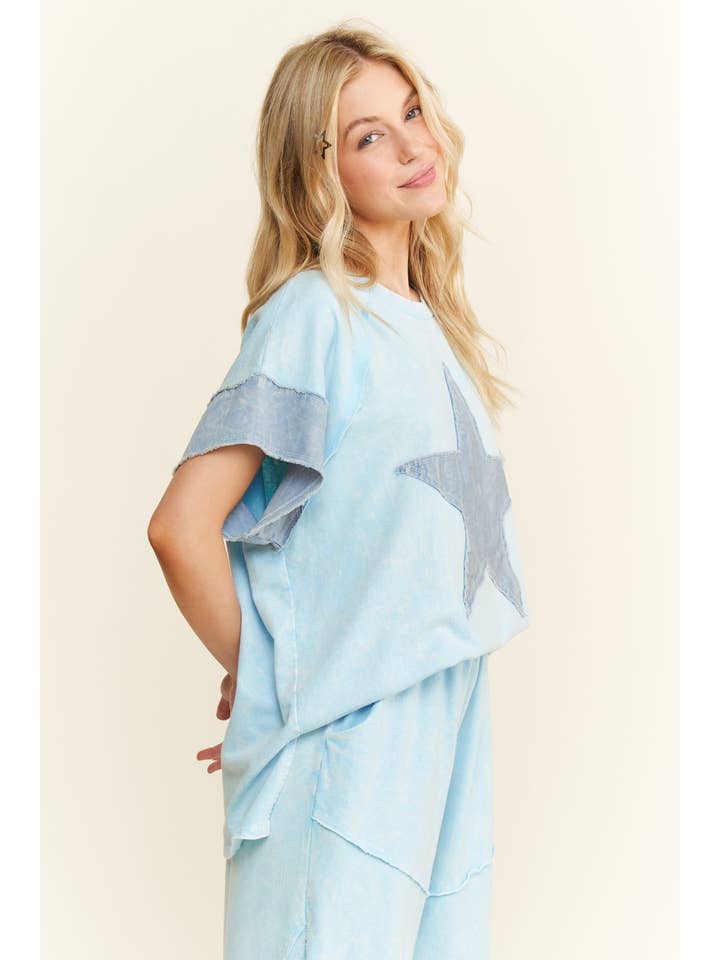 J.Her - Wholesale Blouse - Women's - Mineral Washed Denim Star Sleeveless top HT6250