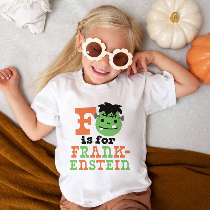 F is for Frankenstein Toddler and Youth Shirt for wholesale by Itsy Bitsy Bella Co