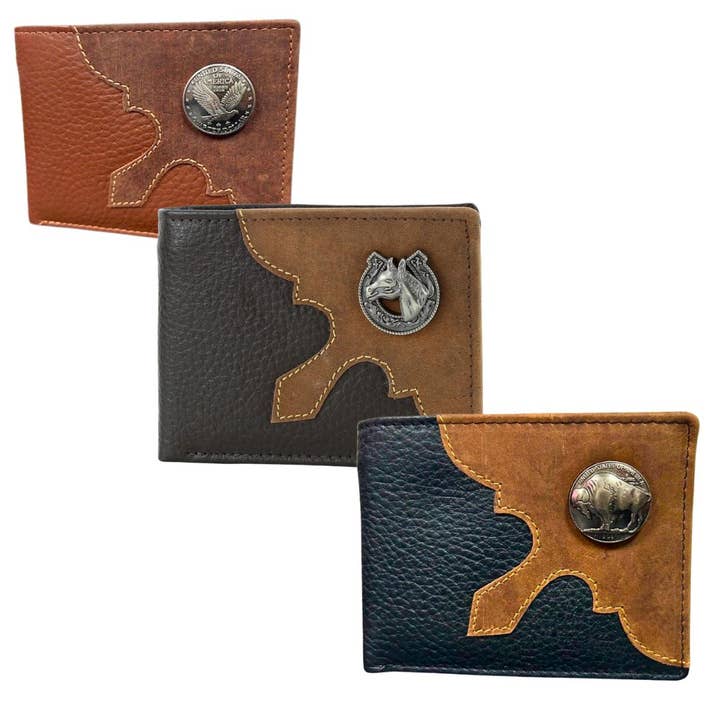 Leather Impressions Inc - Wholesale Wallet - Men's - Mixed Media Bifold Rodeo Wallet with Medallion AB191517