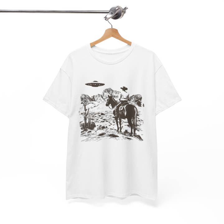 KILLER RETRO - Wholesale Screen Printed T-Shirt - Unisex - Retro UFO and Cowboy Western Graphic Tee.5