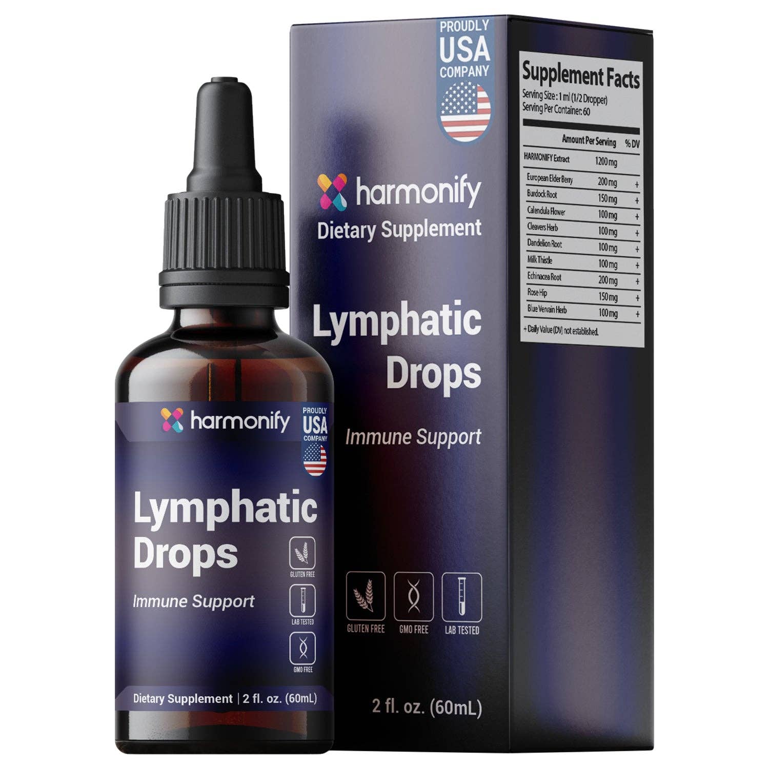HARMONIFY - Wholesale Oral Supplement/Vitamin - HARMONIFY Lymphatic Drainage Drops – Herbal Detox & Fluid Balance Support | Natural Blend with Elderberry, Burdock Root, Dandelion & Echinacea | Supports Immune & Circulatory Health | 2 fl oz (60 mL)1