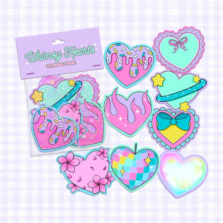 Whimsey Hearts Kawaii Cute Holographic or Matte Sticker Pack for wholesale by LooLooKazoo