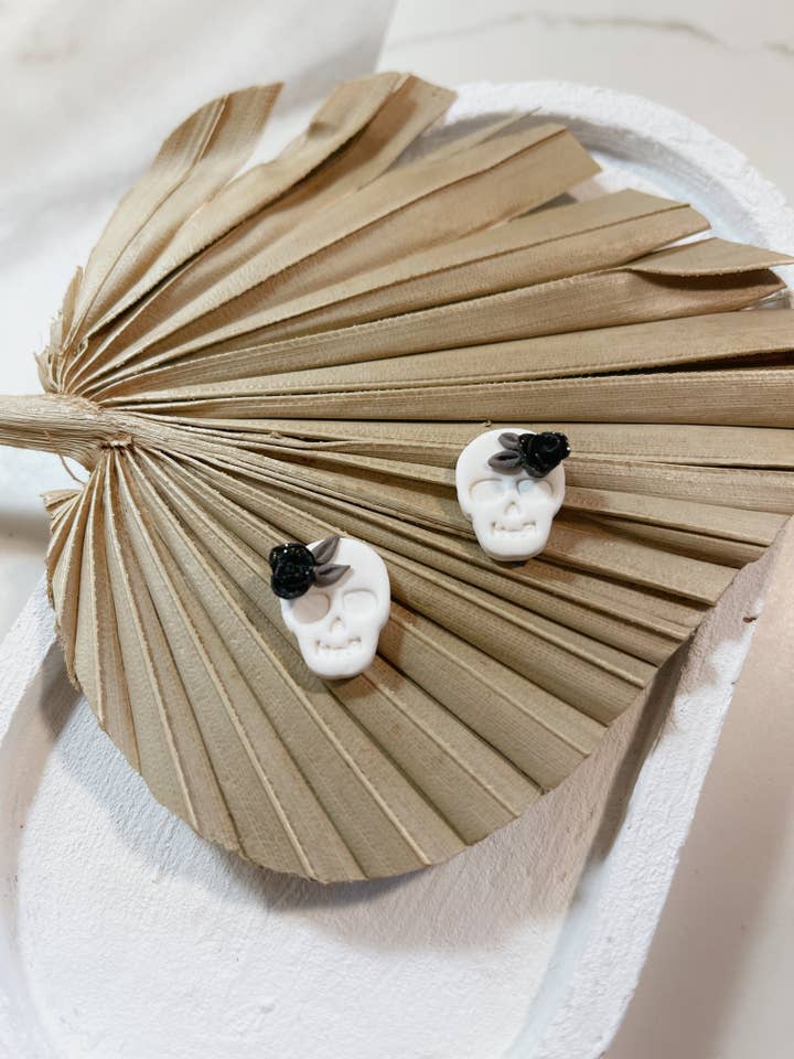 Black Rose Skull Studs | Handmade Polymer Clay Earrings for wholesale by LivCreated