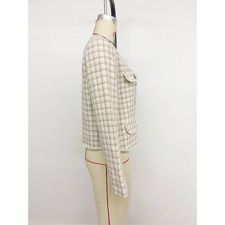 Apricot Elegant Pearl-Embellished Slim Fit Tweed Cardigan BFZY1764 for wholesale on Faire5