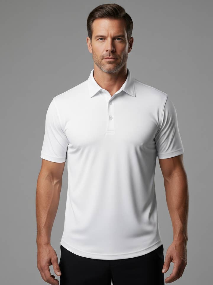 BRISK - Wholesale Polo – Men’s - White Performance Jersey 4 Way Super Stretch Polo Half Sleeves Shirt - Wrinkle Free1