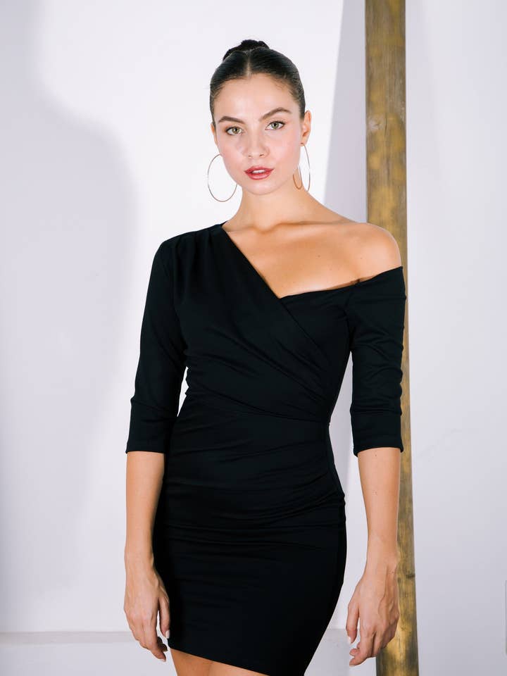 RACHEL Minikleid mit Milano-Stich, Ein-Schulter-Design und 3/4-Ärmeln für den Großhandel von MAYJOY