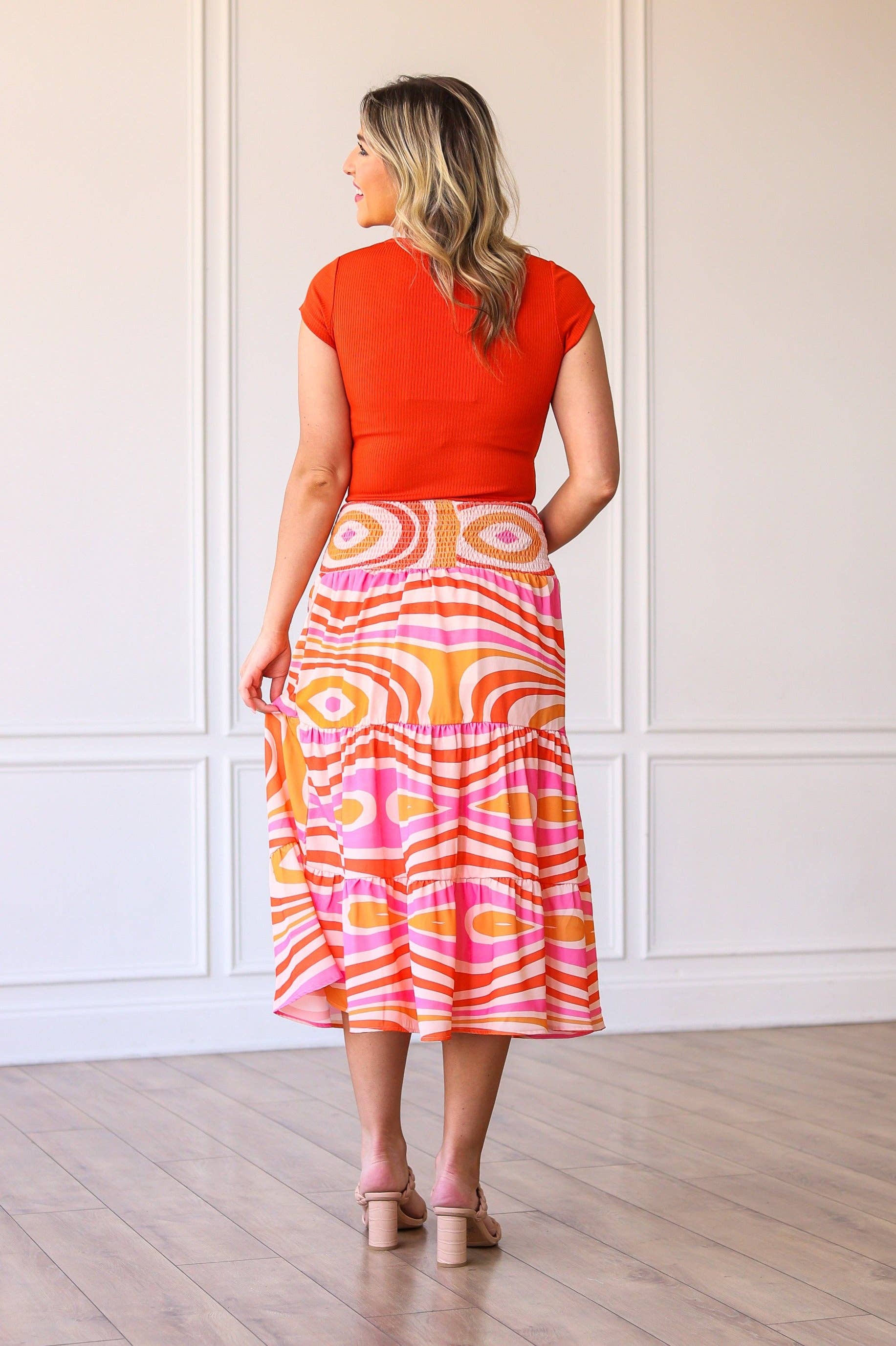 Multi The Marilyn Midi Skirt in Orange for wholesale on Faire2