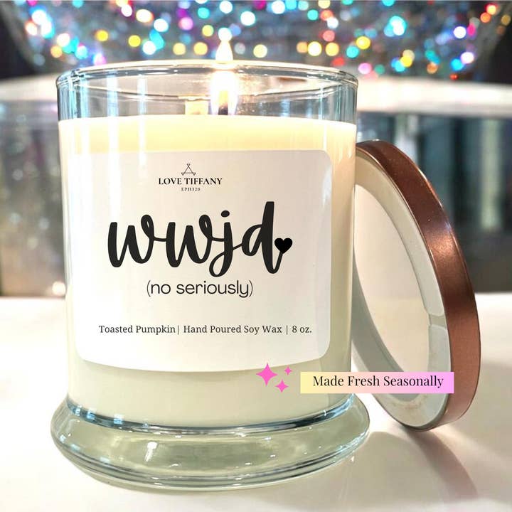 WWJD (No Seriously) - Bourbon Glass Soy Candle with Metal Lid for wholesale by LOVE TIFFANY