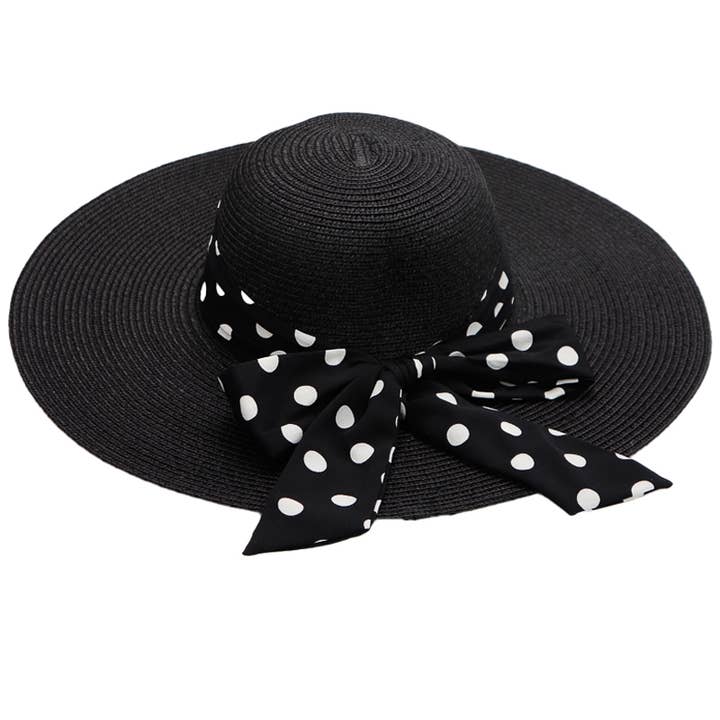 Cap Zone - Wholesale Straw Hat - Women's - Polka Dot Ribbon Tight Weave Straw Floppy Sun Hat6
