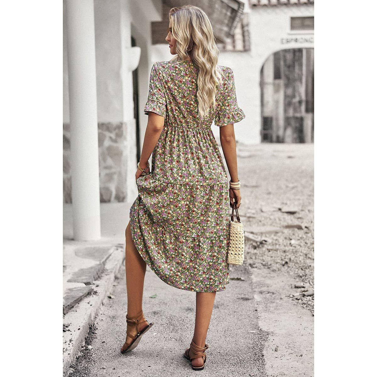 Supreme Fashion – wholesale Dress – Women's – Boho Floral Ruffle Hem V Neck Short Sleeve Dress22