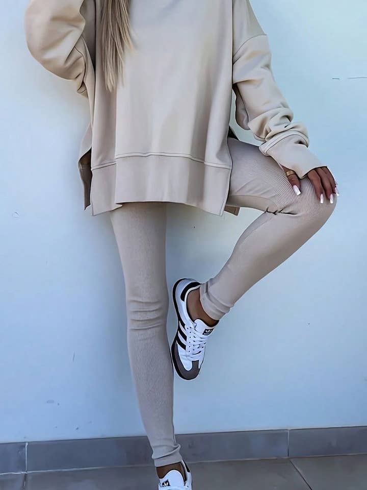 Oversize Slit Sweatshirt Ribbed Leggings Set for wholesale by Umorger