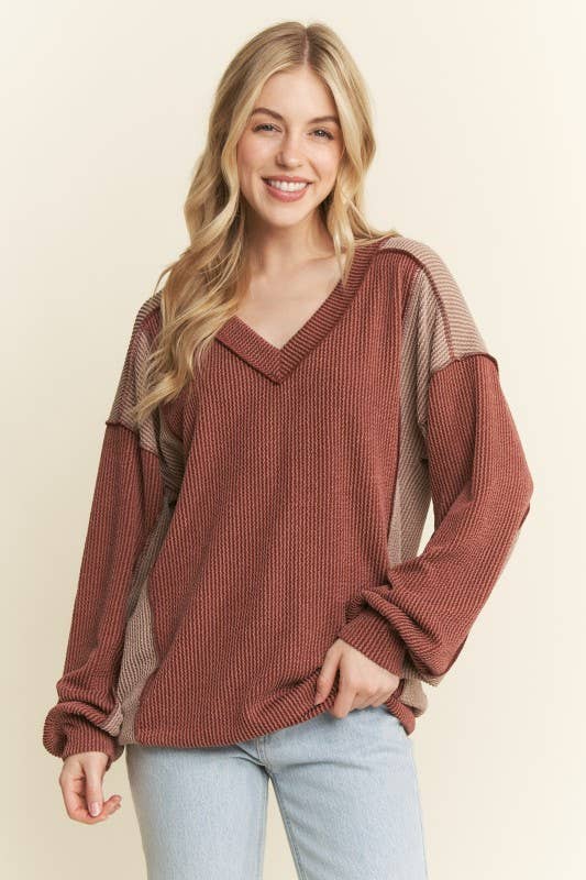 HEIMISH - Wholesale Knit Top - Women's - ET7741-10 LONG SLEEVE SOLID URBAN RIB COLOR BLOCK KNIT TOP5