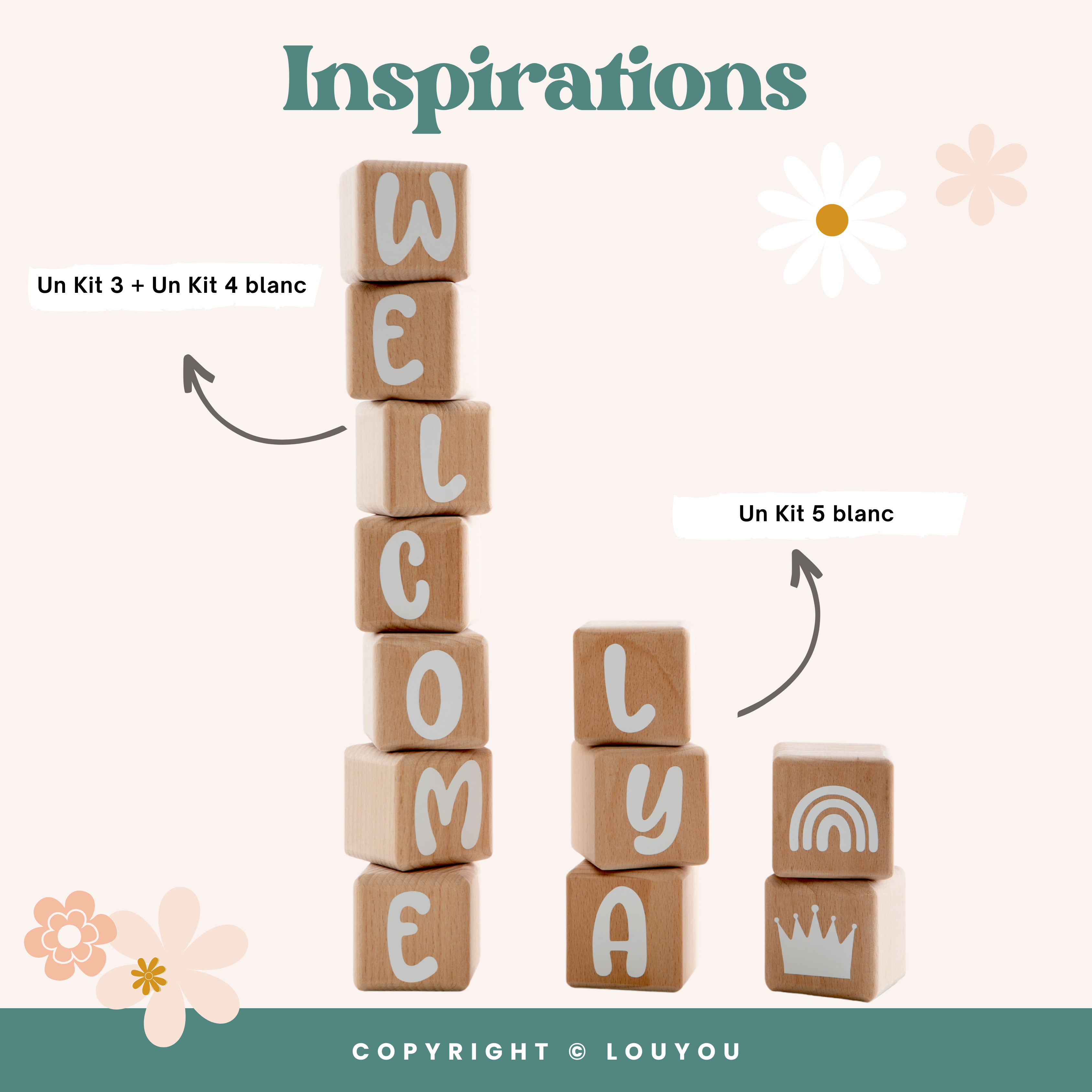 LouYou - Wholesale Christmas Decoration - Kids & Baby - 5 Beech Wood Cubes (5cm x 5cm) + 66 Gray Stickers8