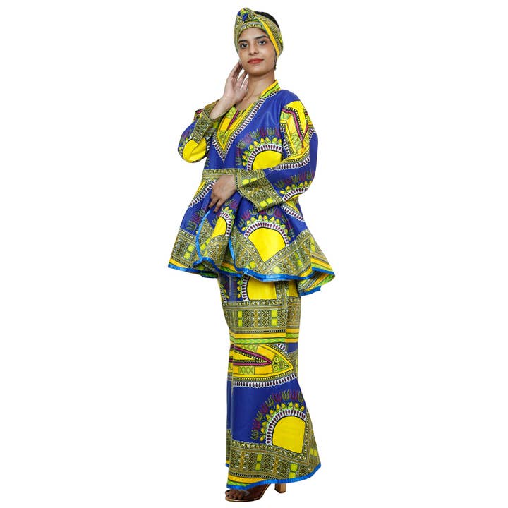 African Stars - Wholesale Top & Skirt Set - Women's - African Women's Dashiki Long Sleeve Peplum Skirt Set -- FI-3009D7