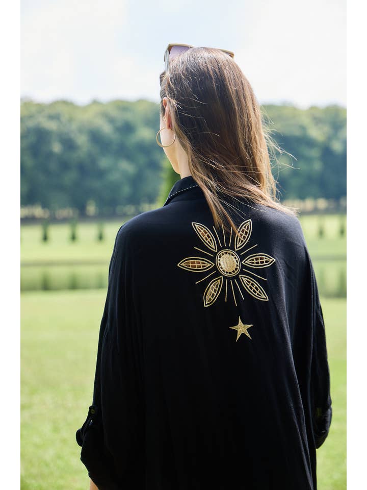 Black Embroidered shirt dress, V-neck, flared cut for wholesale on Faire2