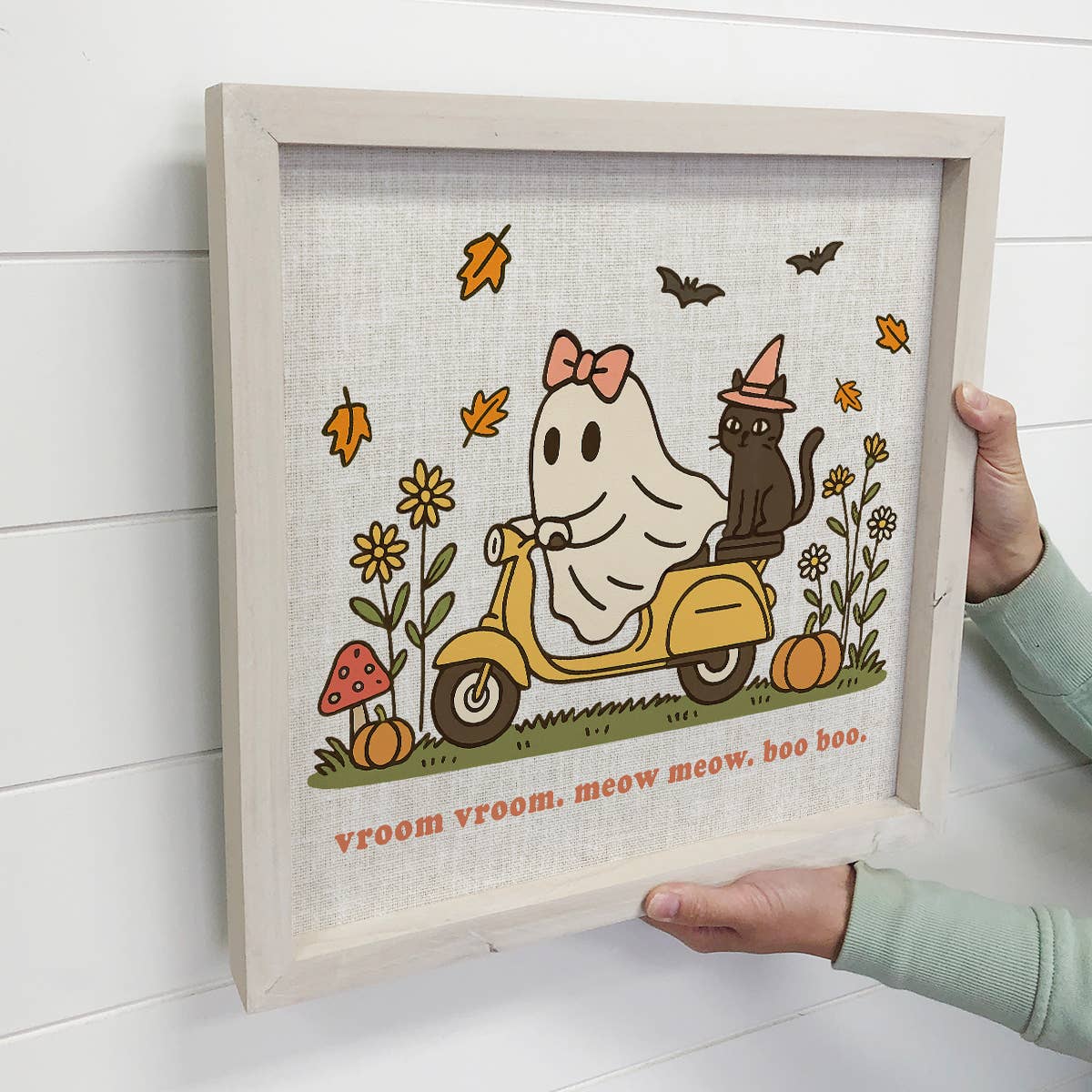 Hangout Home – wholesale Sign – Cozy Ghost on a Scooter - Cute Halloween Canvas Art - Framed2