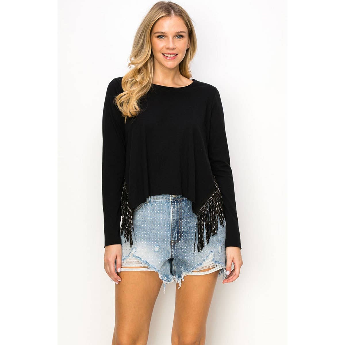 VOCAL - Vente Chemisier – femme - HAUT À MANCHES LONGUES DE STYLE OCCIDENTAL ET BORDURE À FRANGES0