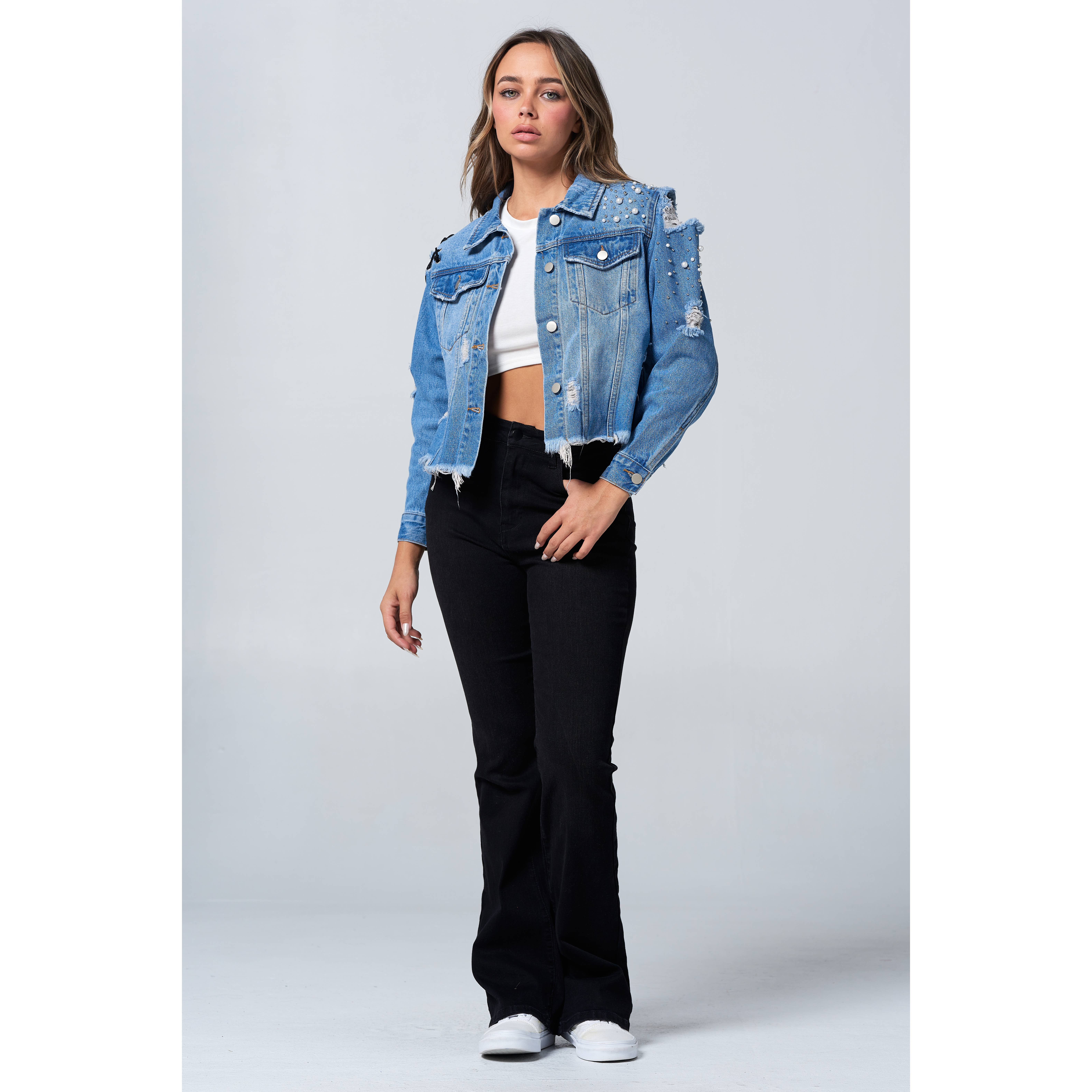 Blue Turtle – wholesale Denim jacket – Women's – Slay Em Distressed Pearl and Rhinestone Denim Jacket Black7