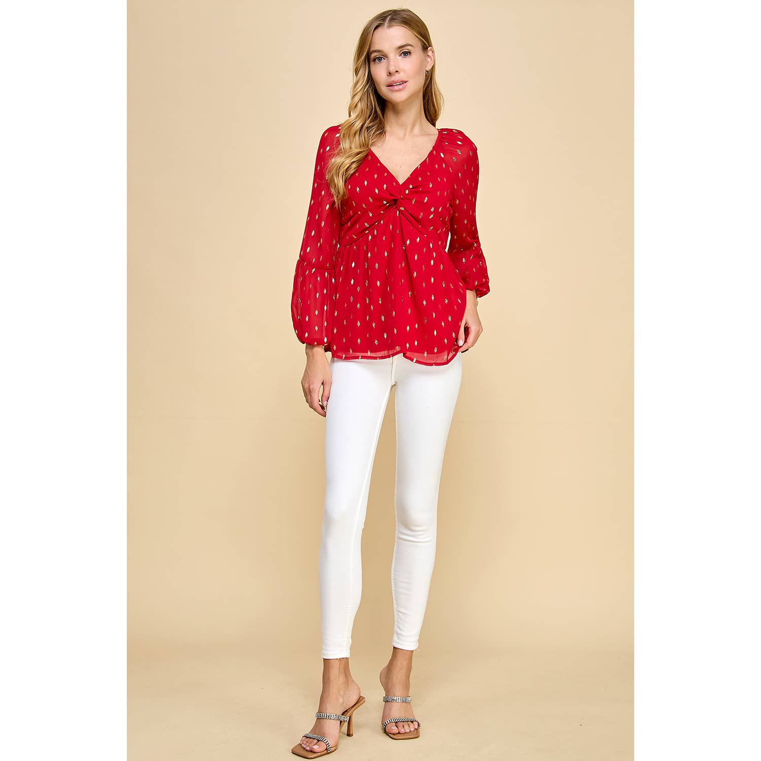 OR ROUGE HAUT À CORSAGE TORSADÉ À MANCHES LONGUES EN MOUSSELINE À POIS T8262110F en vente sur Faire6