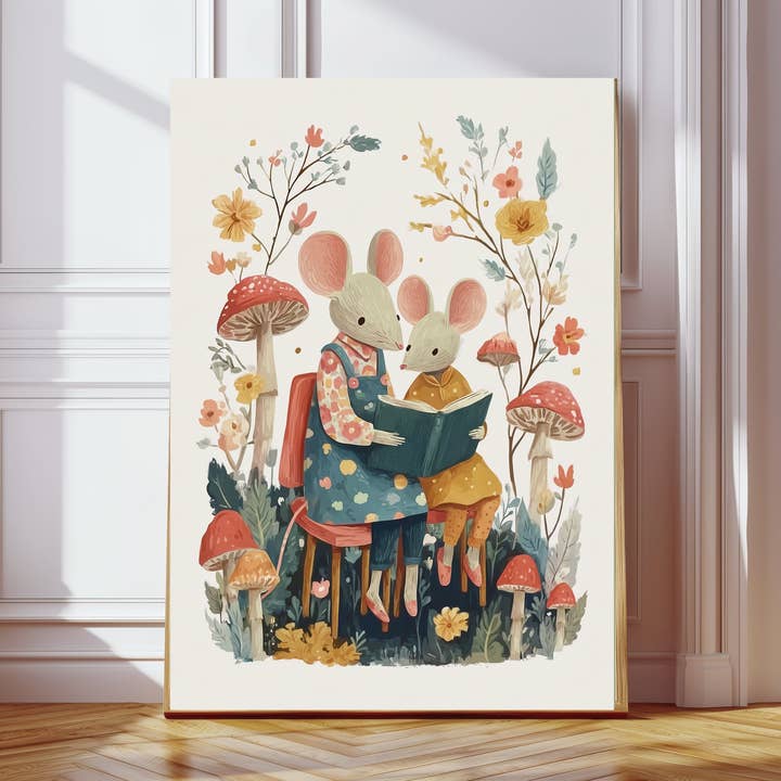 Cute Mummy Mouse Reading Book Art Print for wholesale by Kumo Art Prints