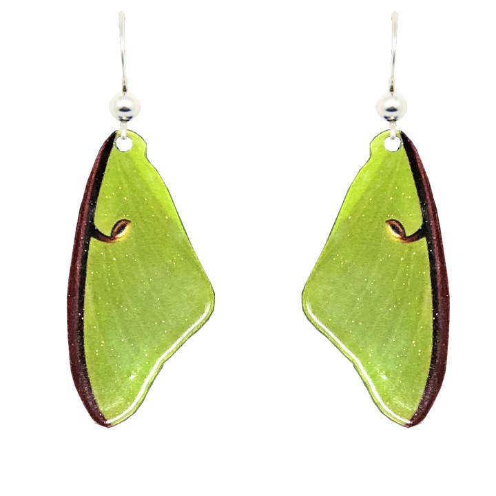 Luna Moth Wing Earrings, Made in the U.S.A. by d'ears, sterling silver french hooks for wholesale by d'ears inc.