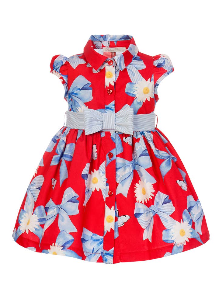 Robe chemise rouge avec ceinture nœud bleu ciel et imprimé nœuds et marguerites pour la vente par Balloon Chic