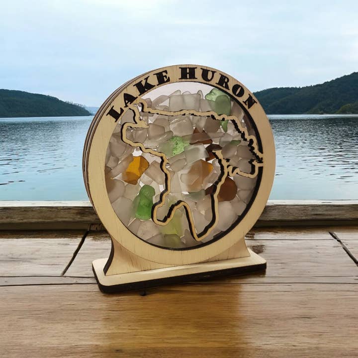 Lake Huron Round Sea Glass Shadowbox Display, Medium for wholesale by Sea Glass Displays