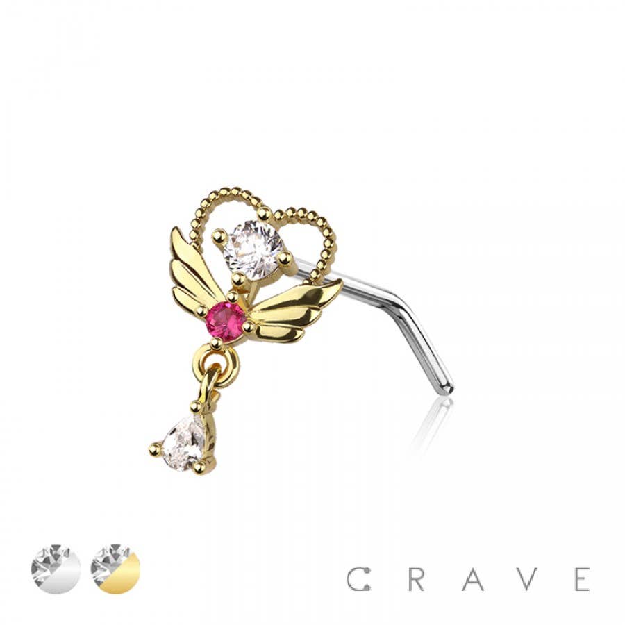 CRAVE - Wholesale Nose Ring - WINGED HEART RED CZ 316L SURGICAL STEEL L-SHAPE NOSE STUD2