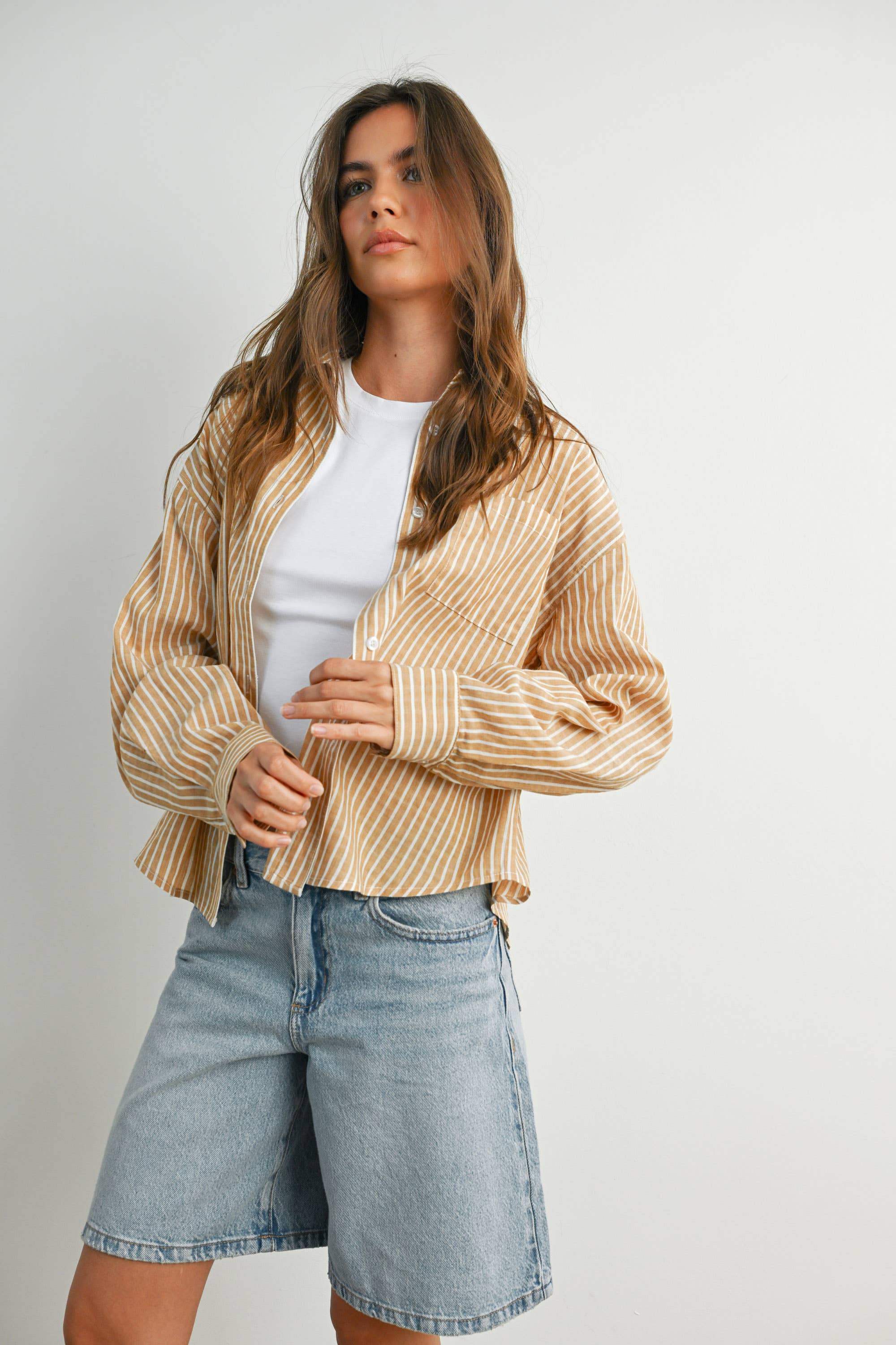 BUTTERMELON - Vente Chemise à col boutonné – femme - Haut à manches longues à rayures et col boutonné raccourci - BMT791520