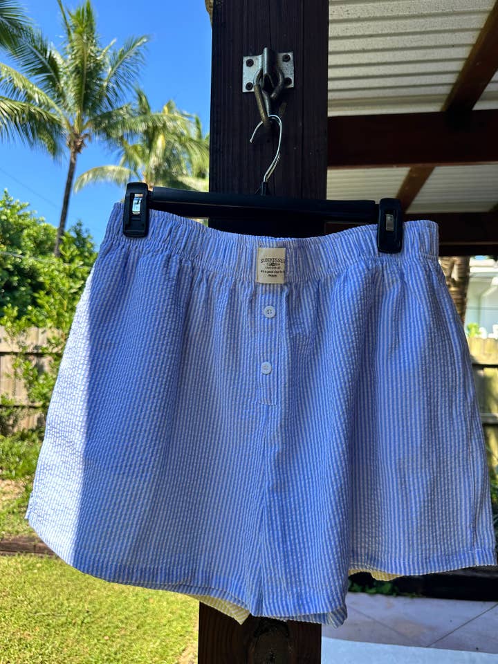 Blue Seersucker Everyday Boxer Shorts for wholesale on Faire