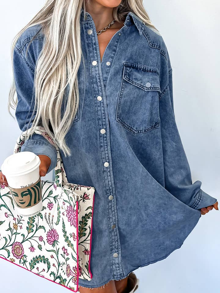 Chest Pocket Raw Hem Denim Loose Shirt Dress for wholesale by LA Society