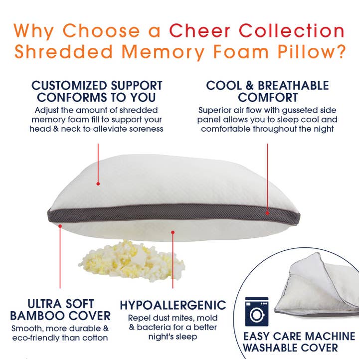 Cheer Collection - Wholesale Bedding Pillow - Adjustable Memory Foam Pillow with Gusset, 2-Pack2