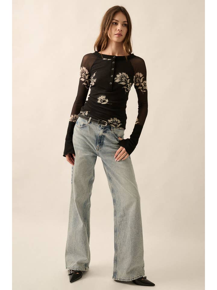 Black Floral-Print Mesh Raglan-Sleeve Henley Top for wholesale on Faire