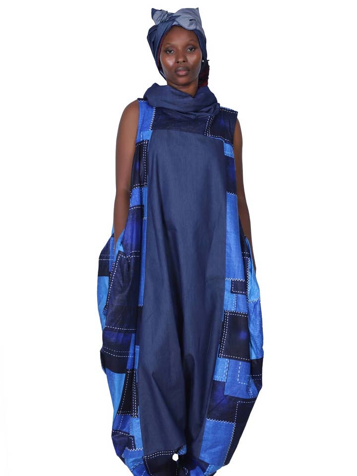 AJ-25095-273 Denim & African Wax Print Mix-and-Match Jumpsui for wholesale by Advance Apparels