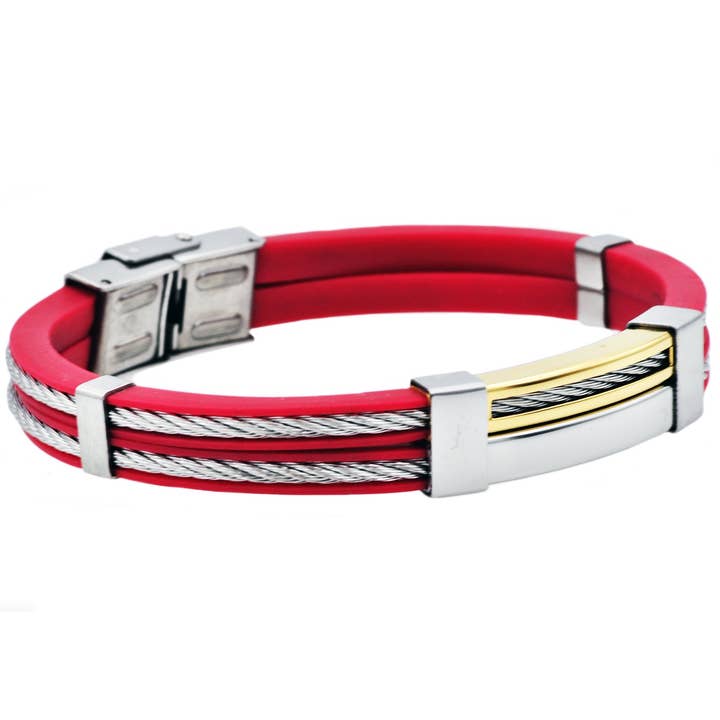 Mænds rød silikone guld rustfrit stål Wire armbånd armbånd for engroshandel hos Blackjack Mens Jewelry