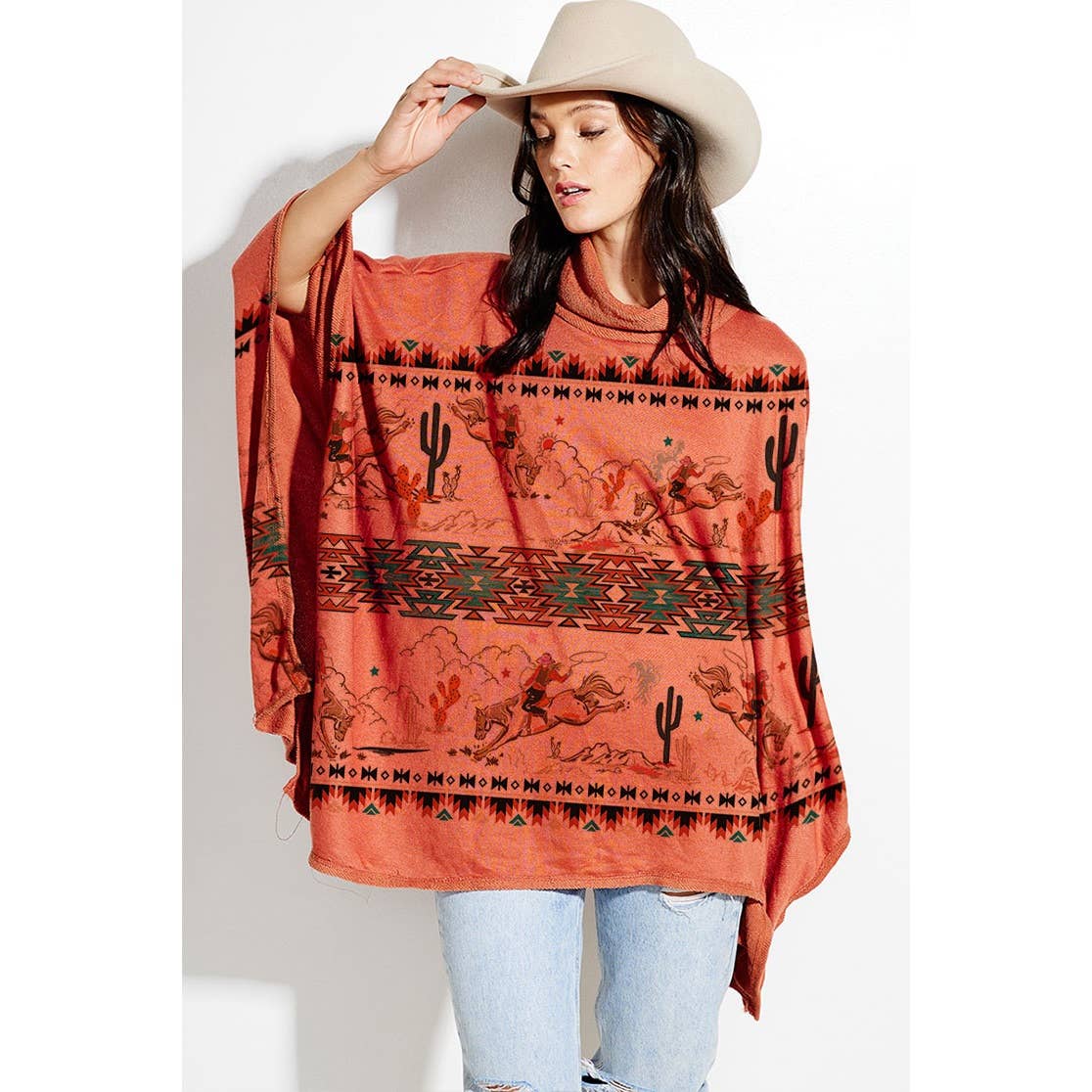 Phil Love - Wholesale Poncho - Women's - Rodeo cowgirl aztec print turtle neck poncho3