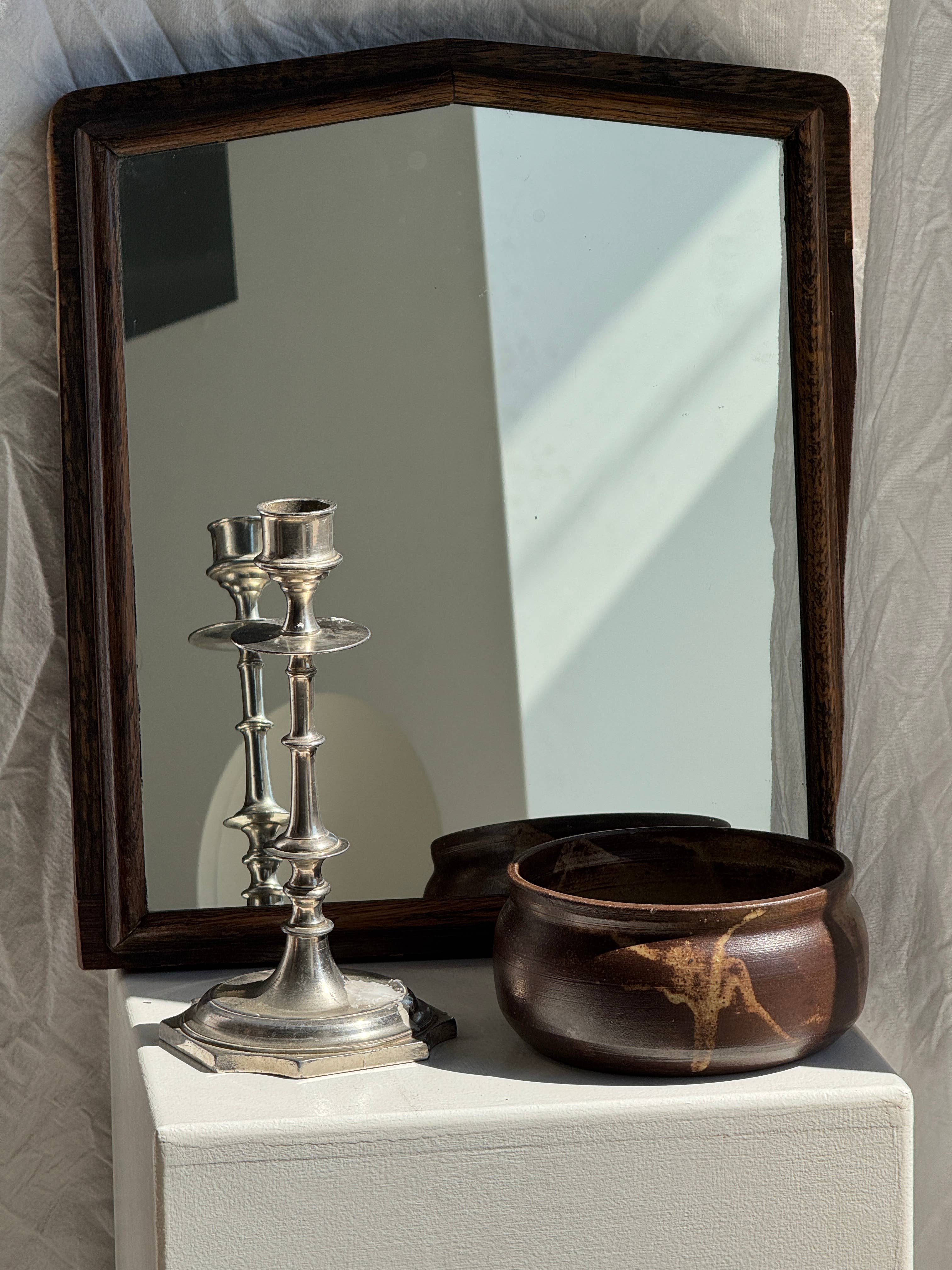 Brown Small antique English rectangular mirror with pediment for wholesale on Faire17