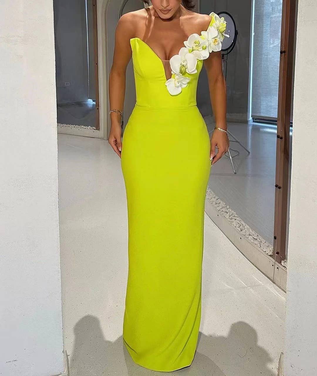 SY142 Elegant Chartreuse  One-Shoulder Floral Bandage Gown for wholesale on Faire0