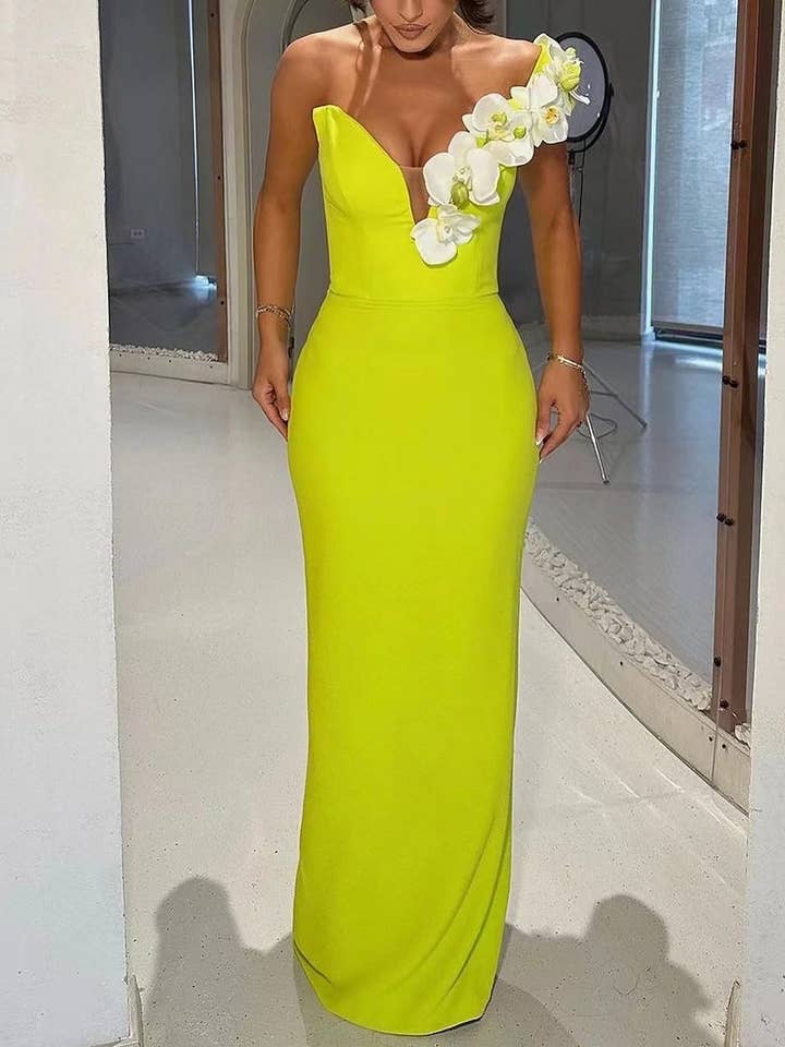 SY142 Elegant Chartreuse One-Shoulder Floral Bandage Gown for wholesale on Faire