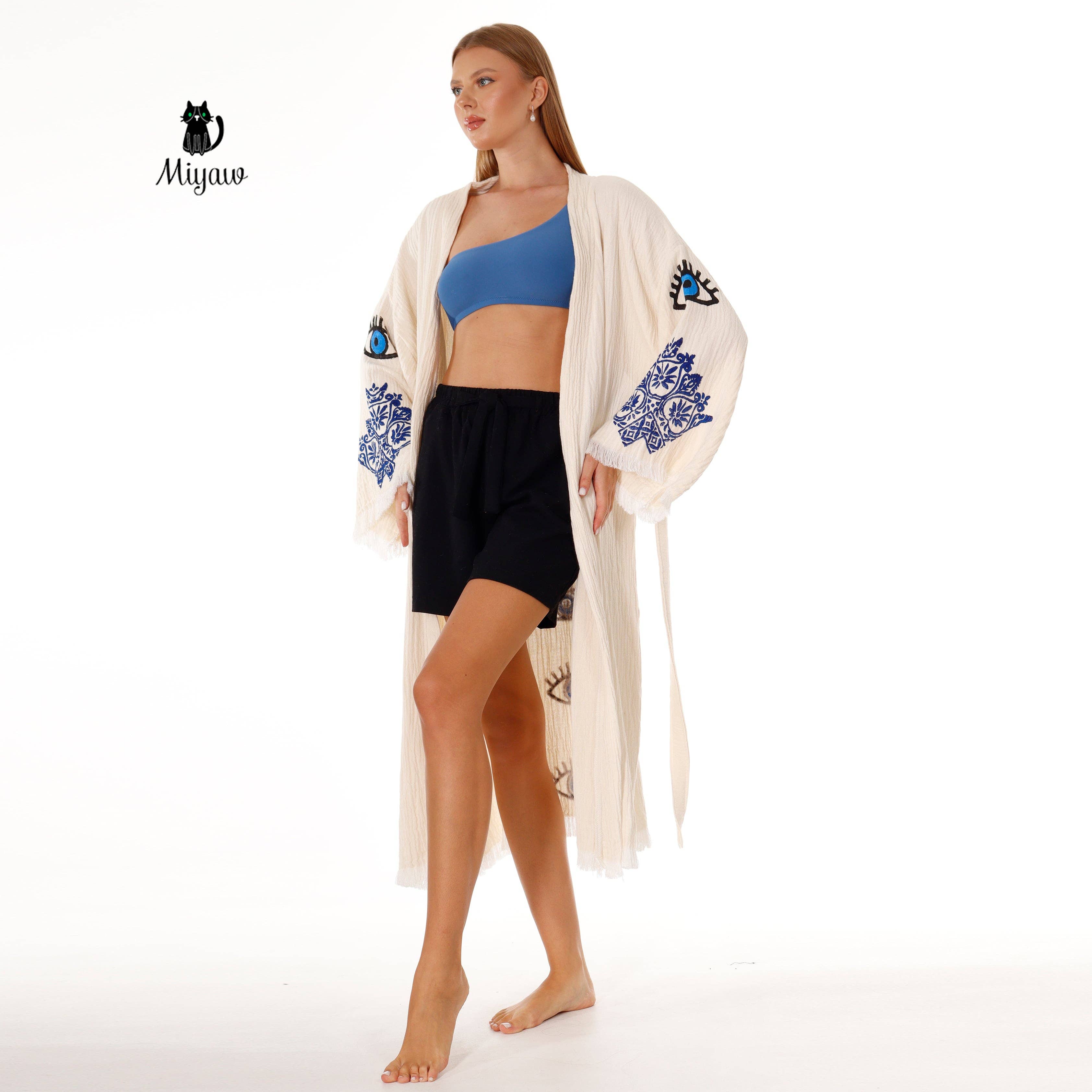 Beige Peignoir kimono boho protecteur pour les yeux en gros - Coton biologique, écologique en vente sur Faire6