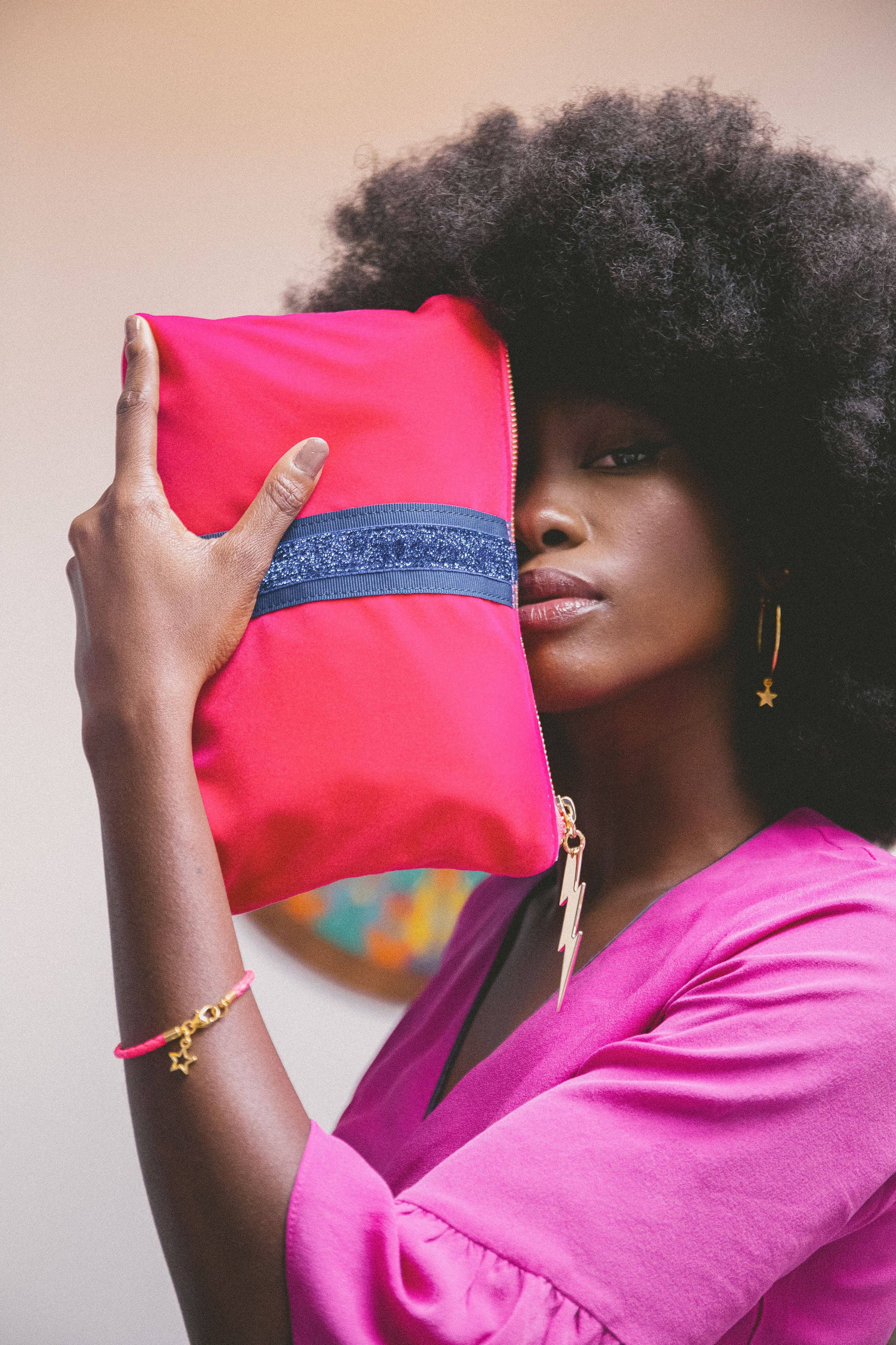 Cockatoo – wholesale Clutch bag – women's – PINK VELVET CLUTCH (BLUE STRIPE)3