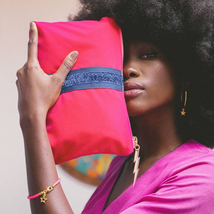 Cockatoo – wholesale Clutch bag – women's – PINK VELVET CLUTCH (BLUE STRIPE)3